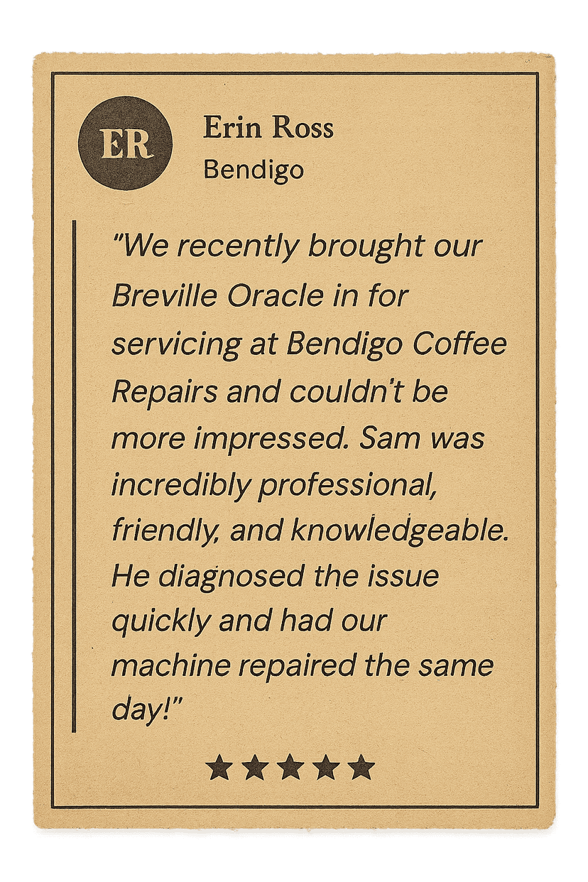Review from Erin Ross: We recently brought our Breville Oracle in for servicing at Bendigo Coffee Repairs and couldn't be more impressed. Sam was incredibly professional, friendly, and knowledgeable. He diagnosed the issue quickly and had our machine repaired the same day!